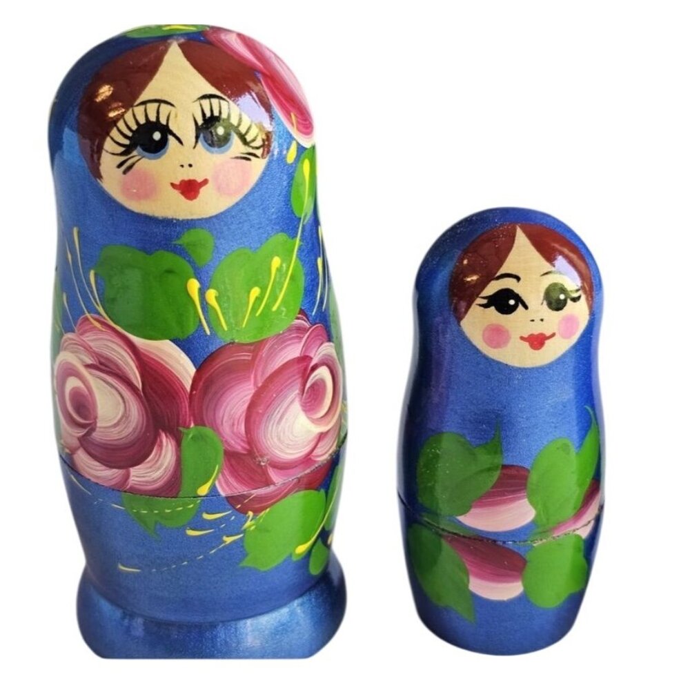Russian Nesting Dolls Set of 5 Hand painted Blue Floral Woman Aprox 6" - Picture 2 of 7